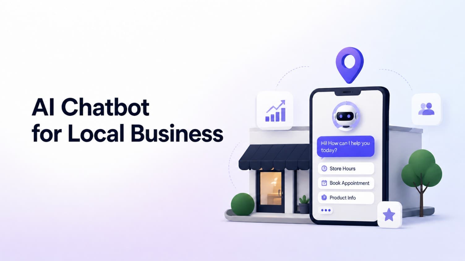 AI chatbot for a small local business website showing a visitor question, an instant answer, and a booking link