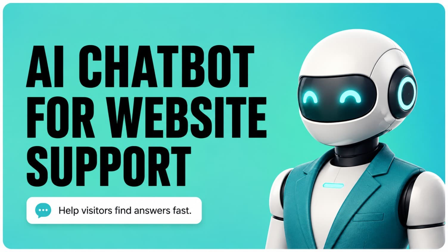 AI chatbot for website support thumbnail with a friendly robot assistant and support message