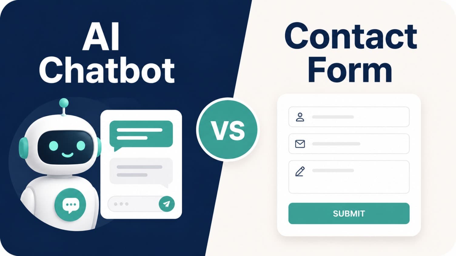 AI chatbot vs contact form thumbnail showing a local business website choosing between live chat response and structured inquiry capture