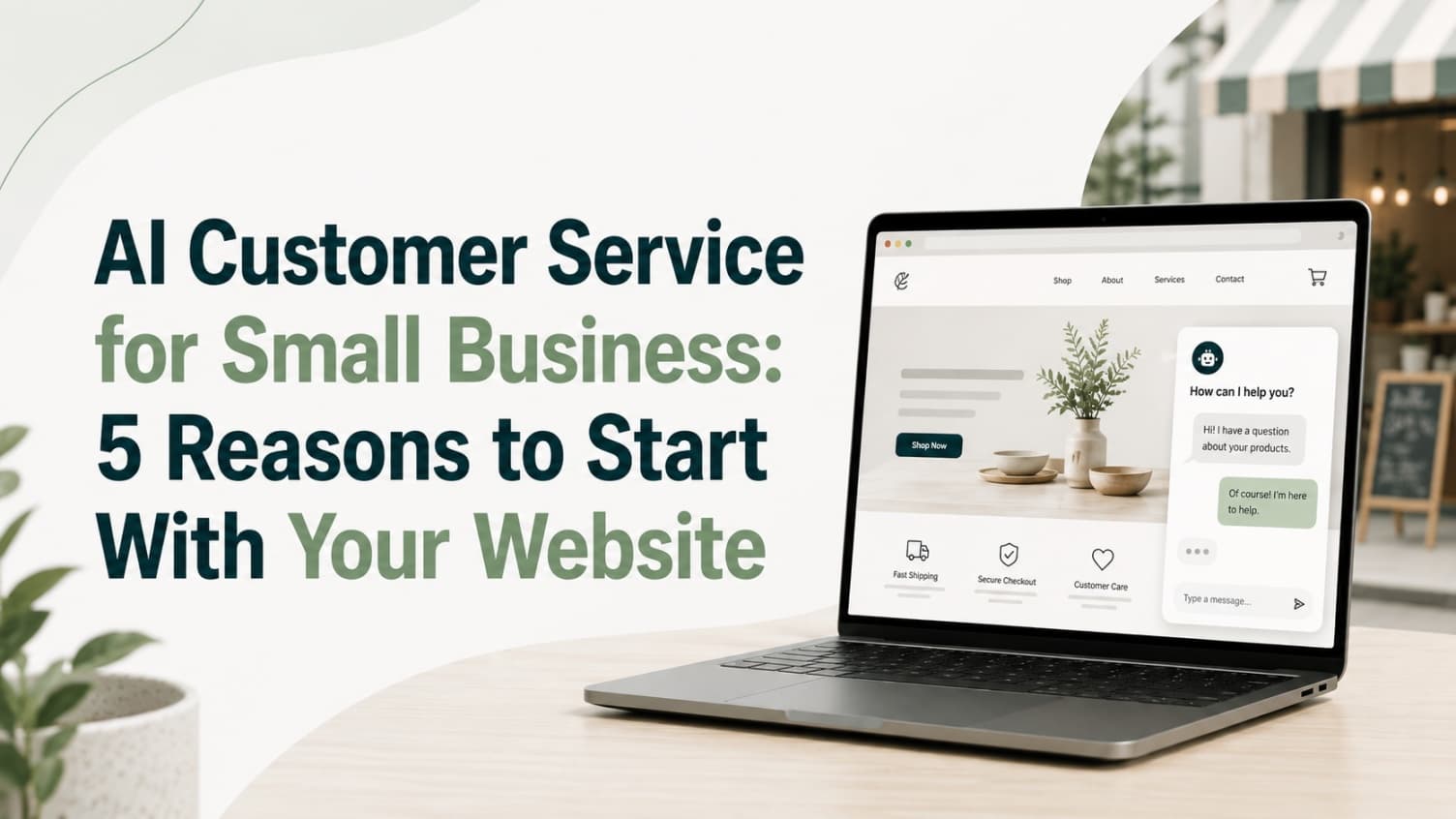 AI customer service for small business cover showing a website chatbot on a laptop
