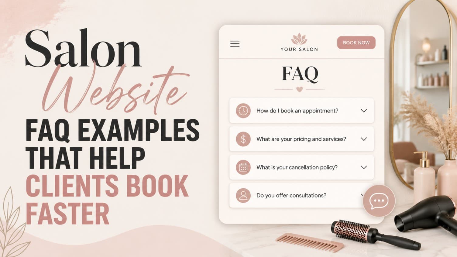 Salon website FAQ examples cover showing a salon site FAQ panel with booking, pricing, cancellation, and consultation questions