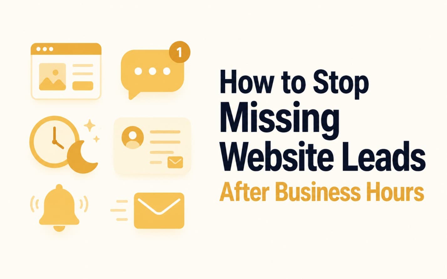 Cover illustration for stopping missed after-hours website leads, showing a chat bubble with a notification badge, a clock with a crescent moon, a contact card, an alert bell, and an email icon over the article title