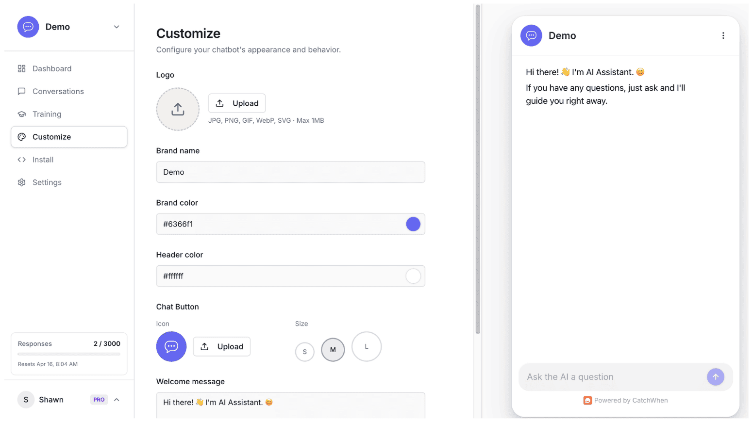 Customize page with logo, brand name, brand color, chat button, and welcome message controls