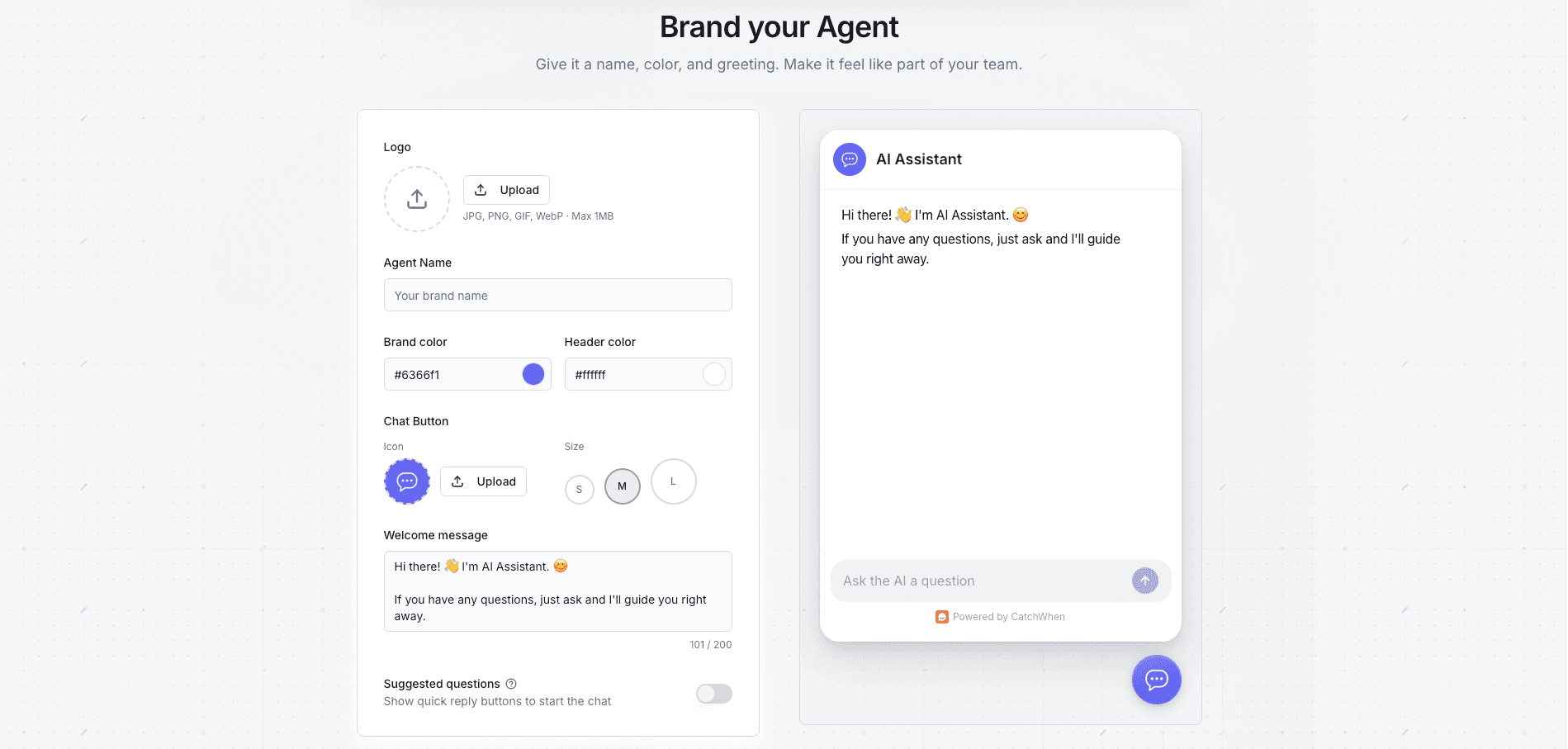 Brand your Agent customize screen with color, logo, and welcome message options
