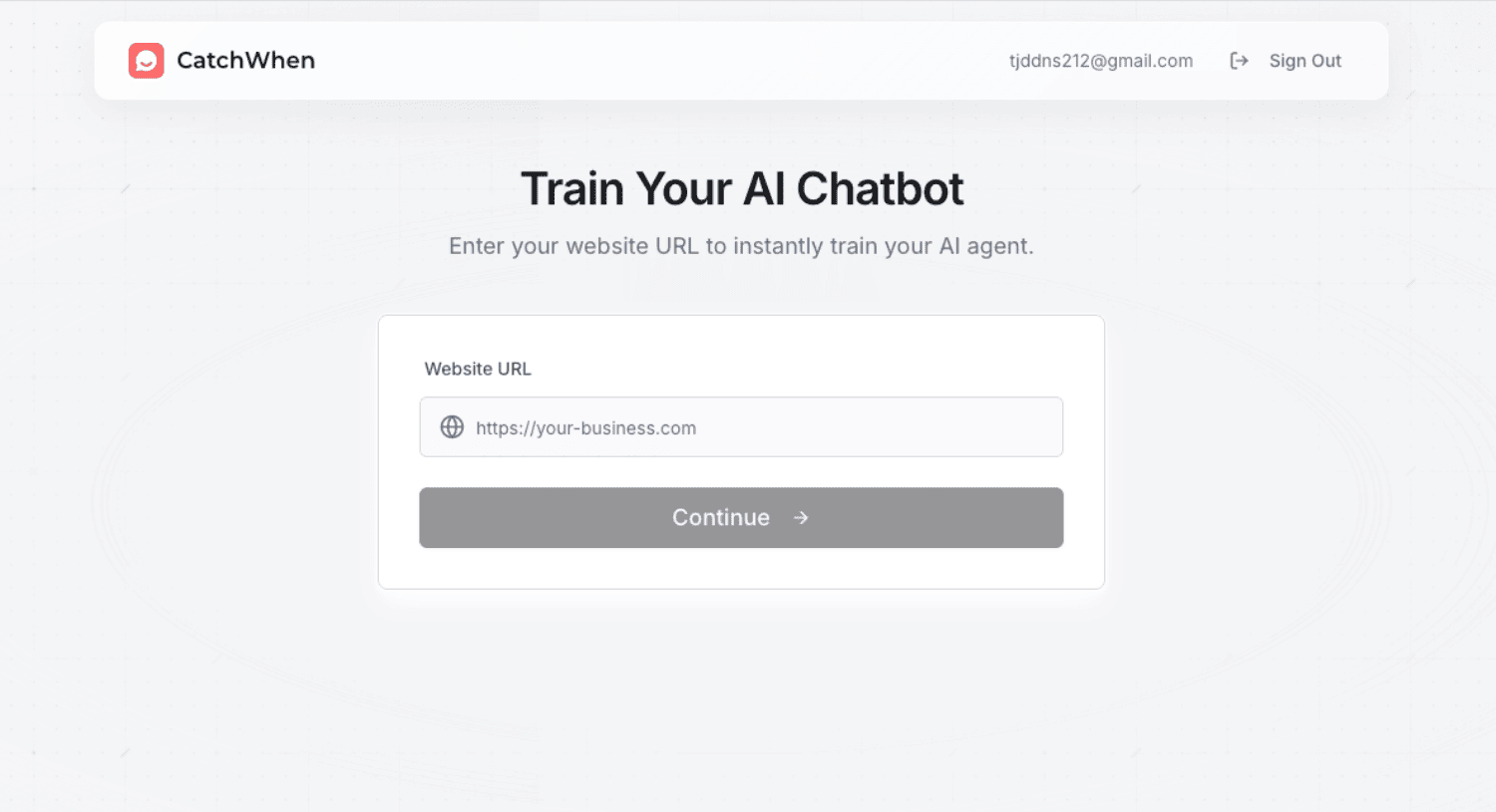 Train Your Website Agent screen with website URL input