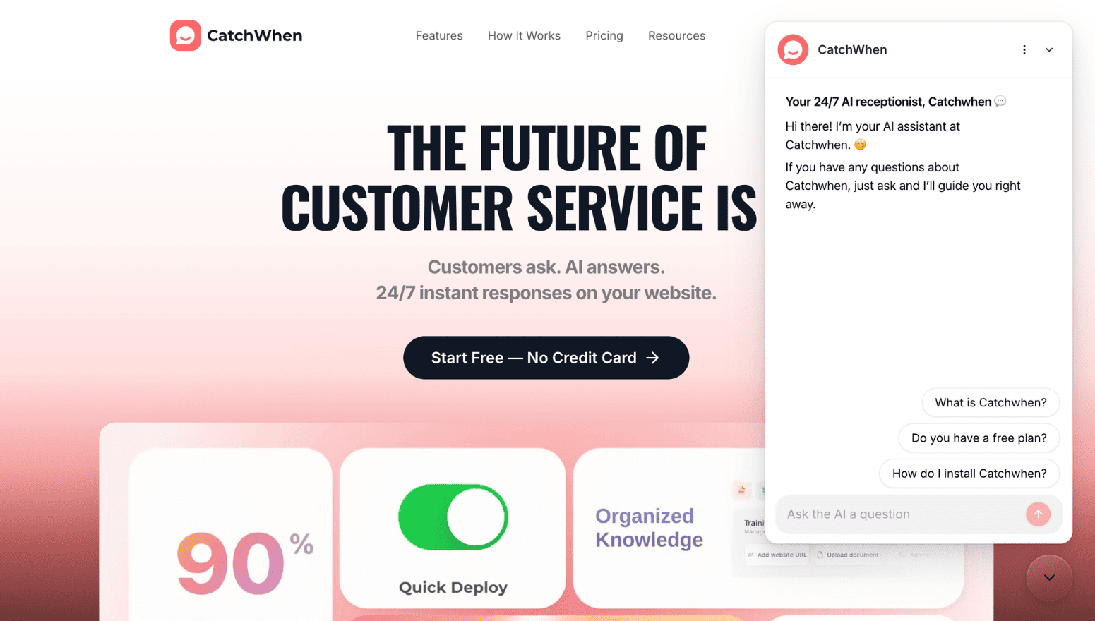 Website preview with CatchWhen chat widget open in the top-right corner